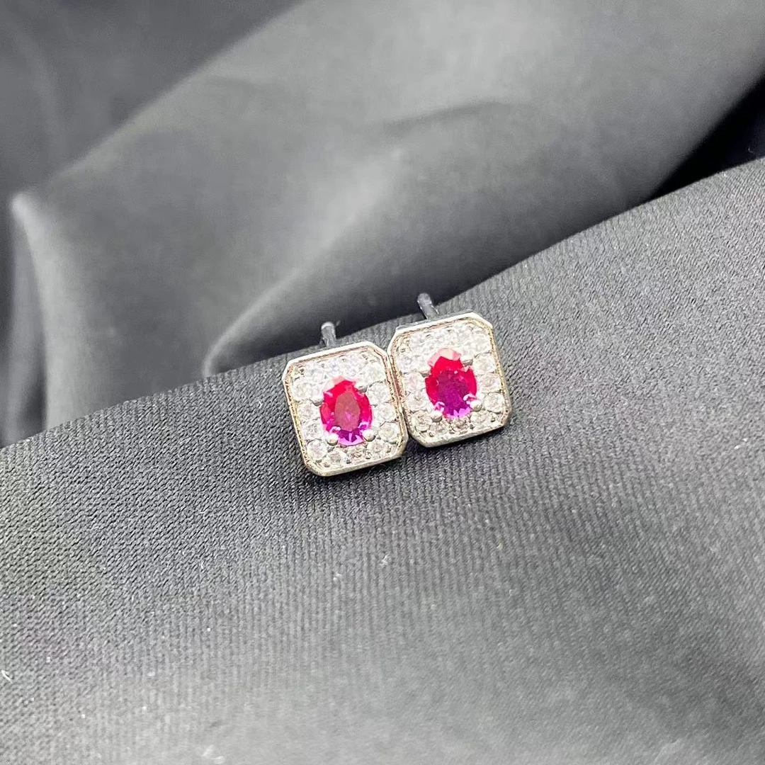 红宝石满钻轻奢方型蛋面耳饰Y2345（合成培育）