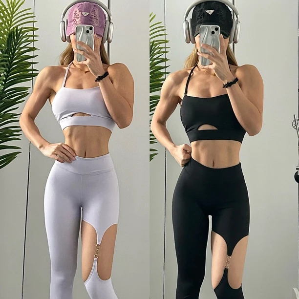 晓丽家—新镂空性感瑜伽长裤挂脖运动背心带胸垫健身套装