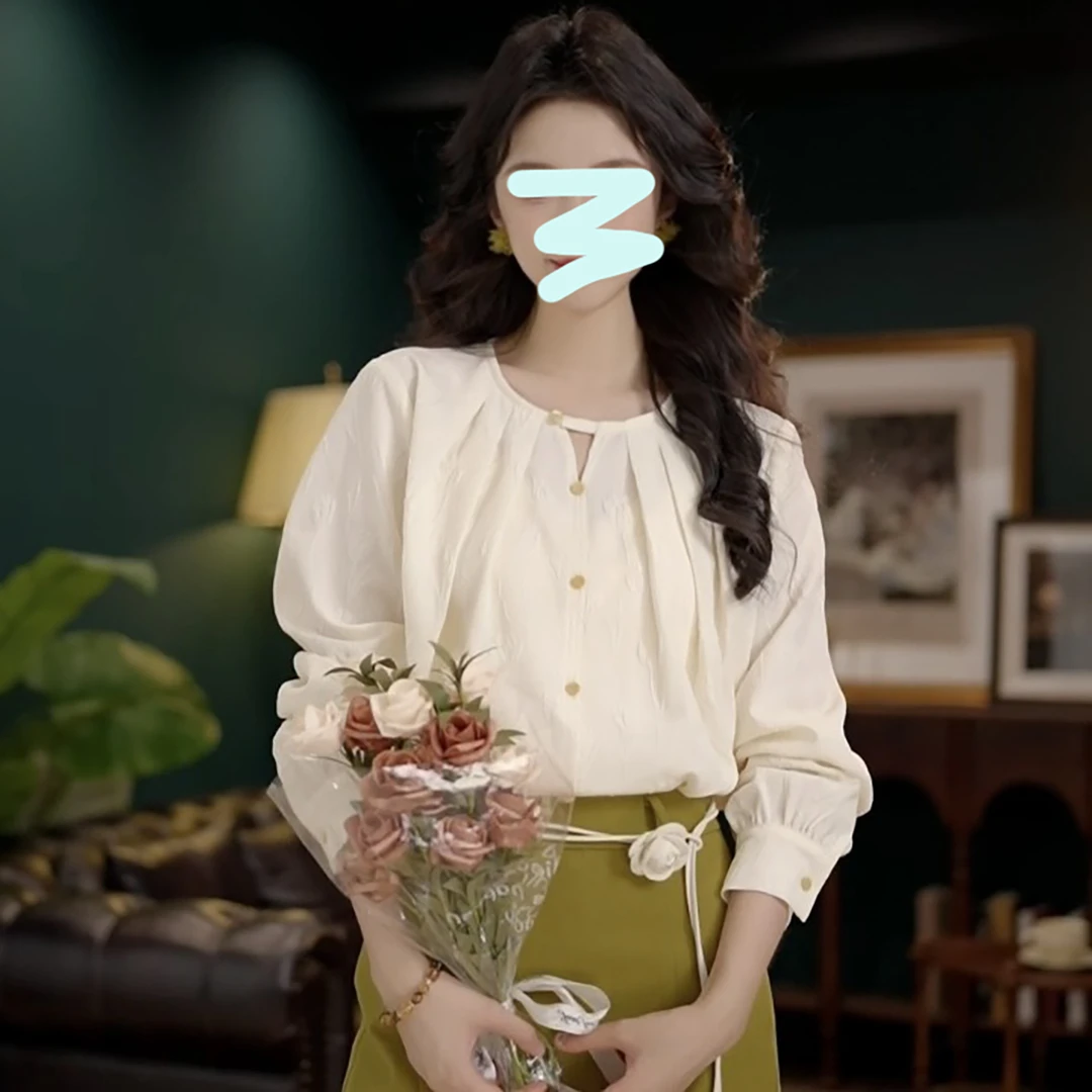 复古圆领法式高级长袖衬衫女2025秋季新款小个子宽松显瘦纯色上衣