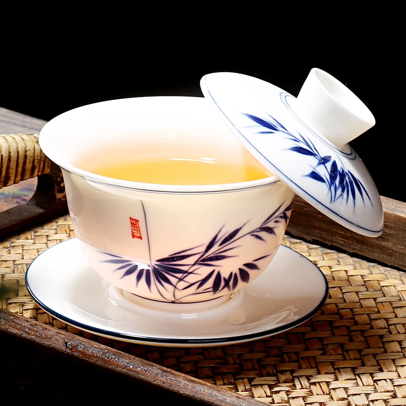 陶瓷茶具悬停盖碗旋转纯手绘羊脂玉高档泡茶器具泡茶杯高级茶具