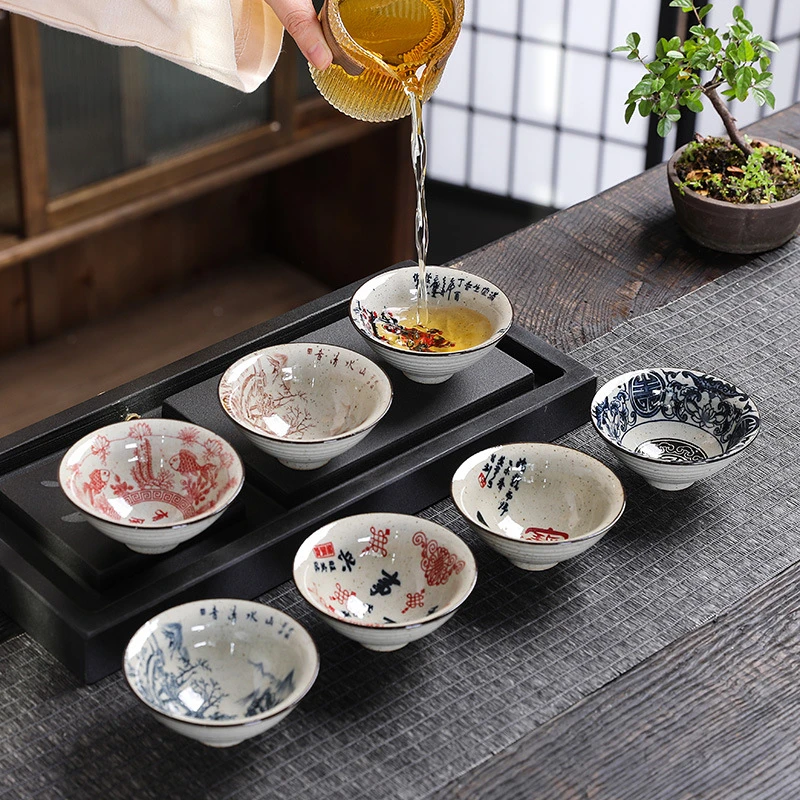䓍木灰老陶泥茶杯粗陶品茗杯青花仿古斗笠杯主人单杯茶盏家用茶碗