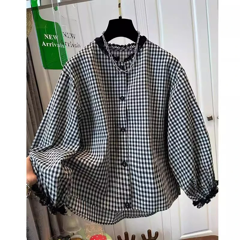 长袖衬衫女2025春秋新款胖妹妹设计感小众法式格子上衣衬衣高级感