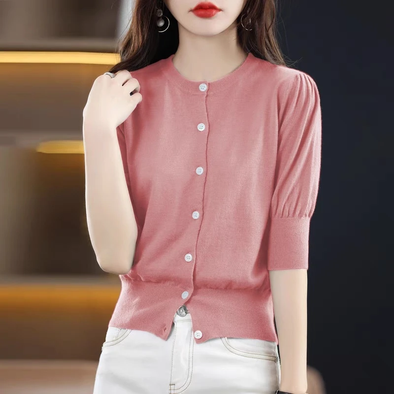 649-16G夏季精纺羊毛T恤短袖五分袖圆领半袖开衫针织衫打底衫