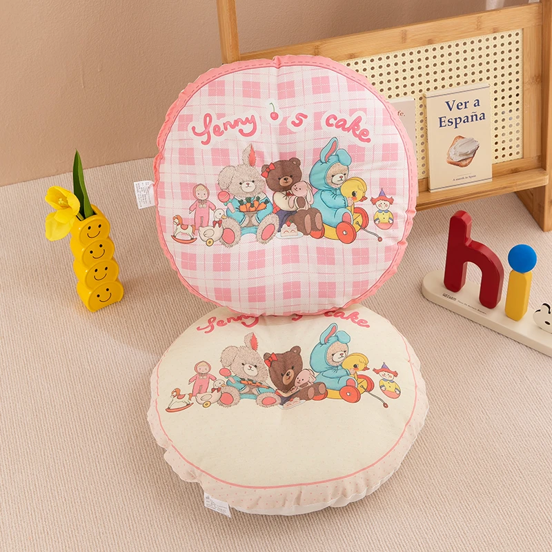 格子音乐熊可爱款棉麻圆形椅子坐垫居家用儿童女孩榻榻米地板垫子