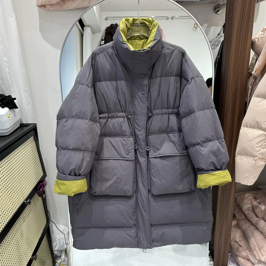 2025冬新款羽绒服女中长款立领撞色抽绳收腰加厚宽松白鸭绒暖外套