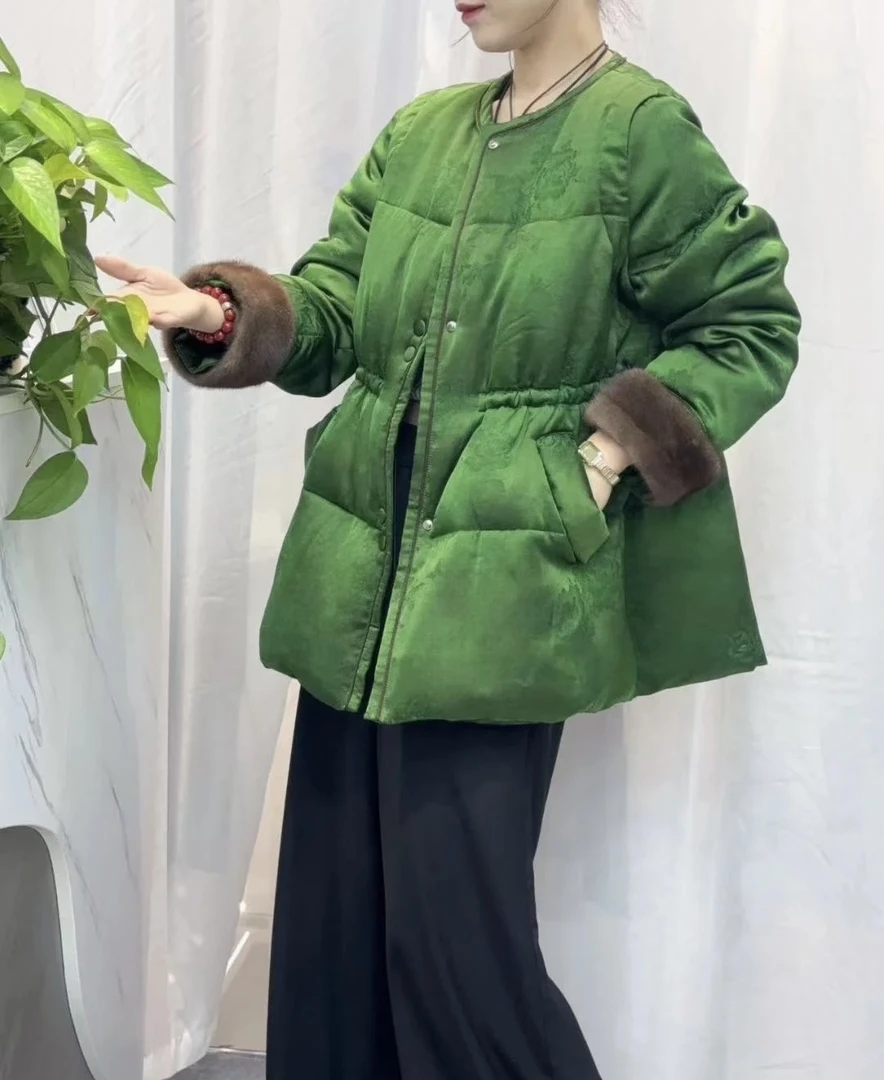 新中式提花白鹅绒可拆卸水貂毛袖口时尚羽绒服中长款外套收腰气质