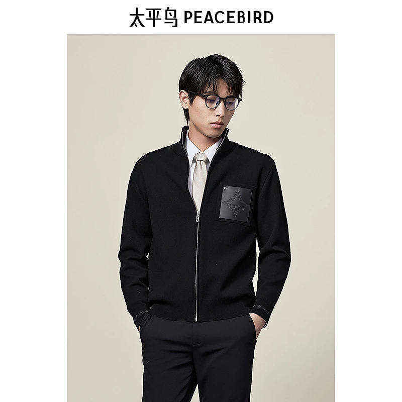 【商场同款】太平鸟男装 皮质胸带拼接针织衫休闲毛衣男士B1EAE3310