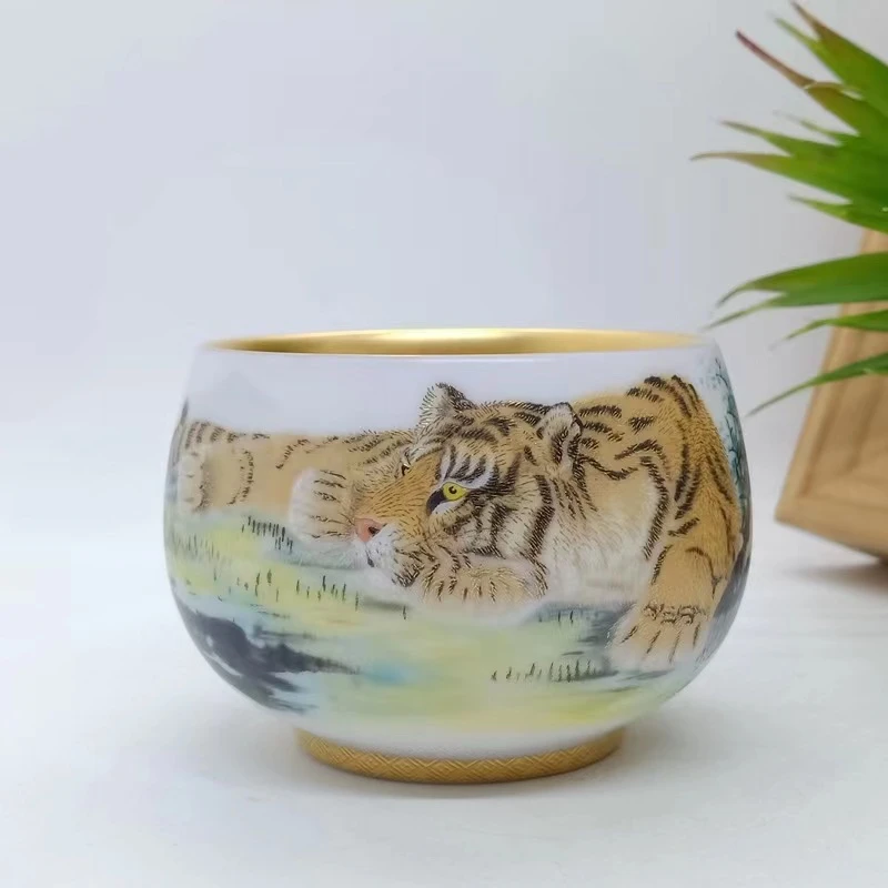 卧虎高端羊脂白玉冰种磨砂金杯茶具