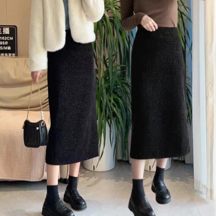 [璀璨星河]时尚高腰藏肉韩版亮丝气质开叉中长款小香风过膝半身裙