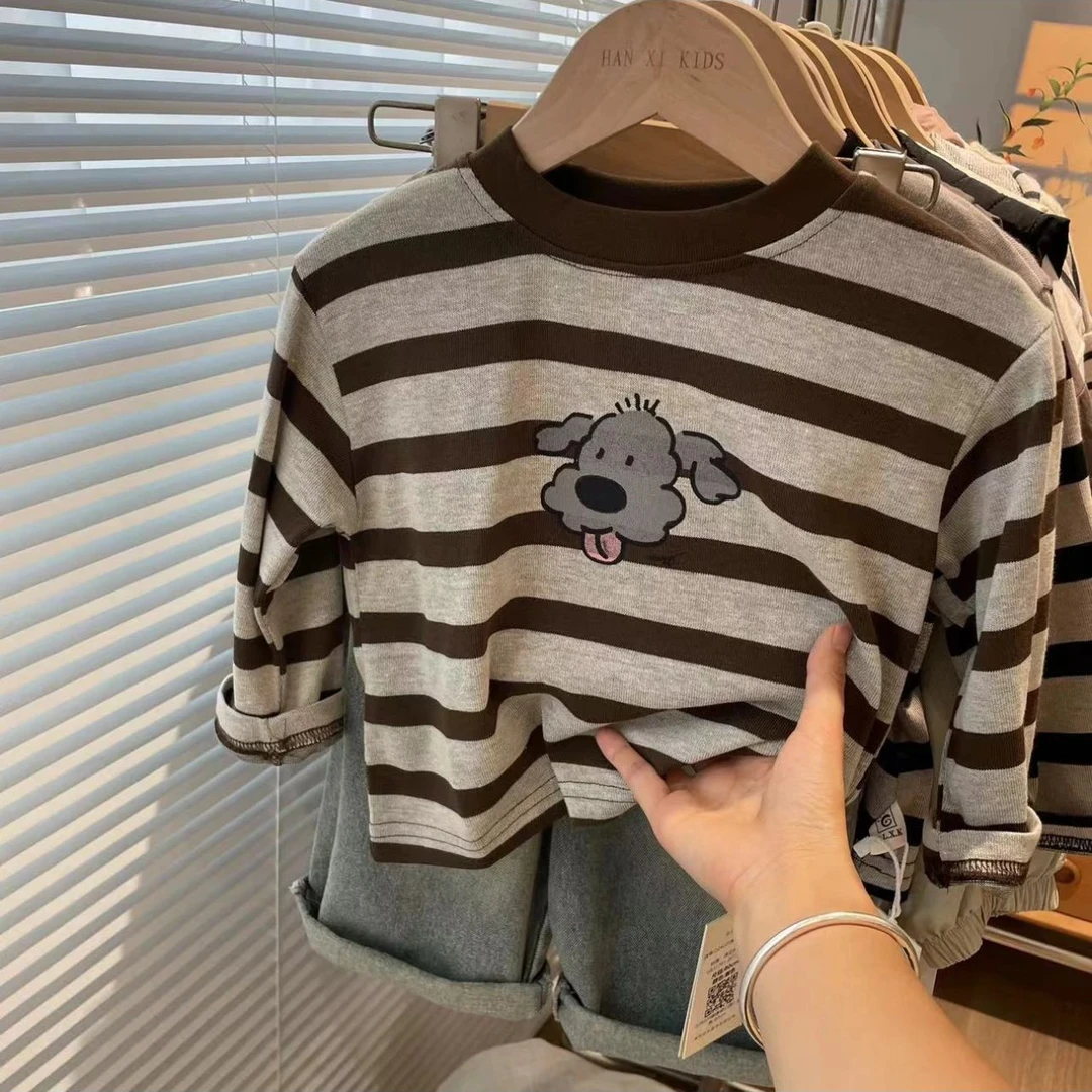 儿童条纹宽松洋气卡通中小童长袖休闲男女童T恤百搭韩范宝宝上衣
