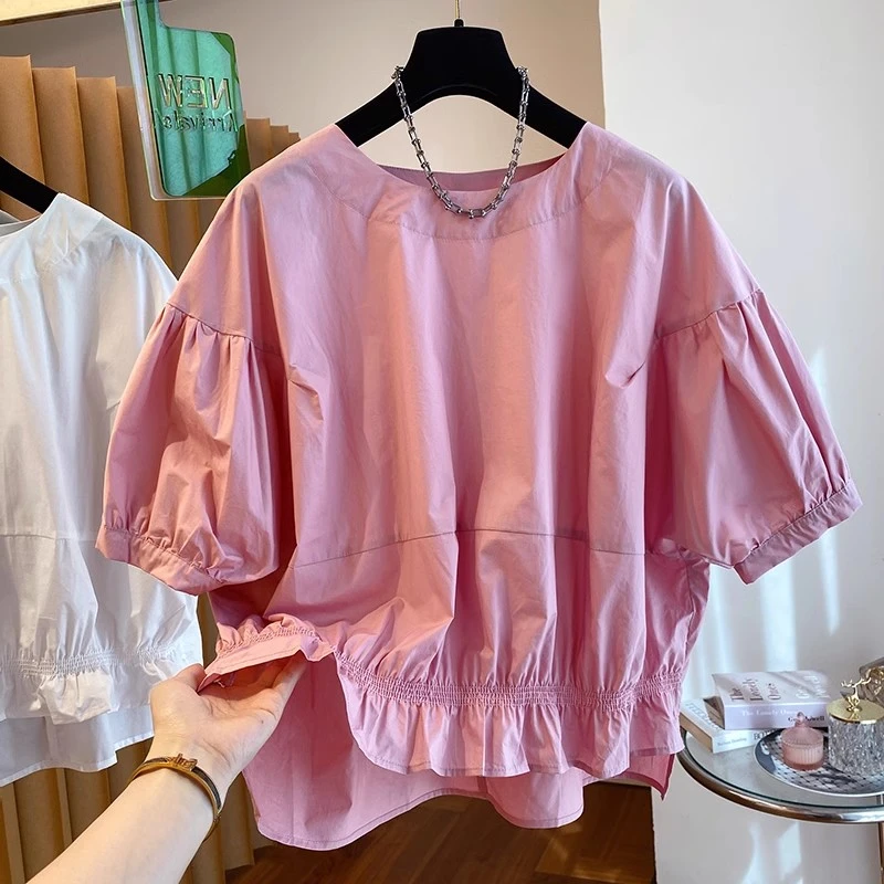 夏季韩版泡泡袖褶皱衬衫上衣女不规则收腰荷叶边舒适百搭小众洋气