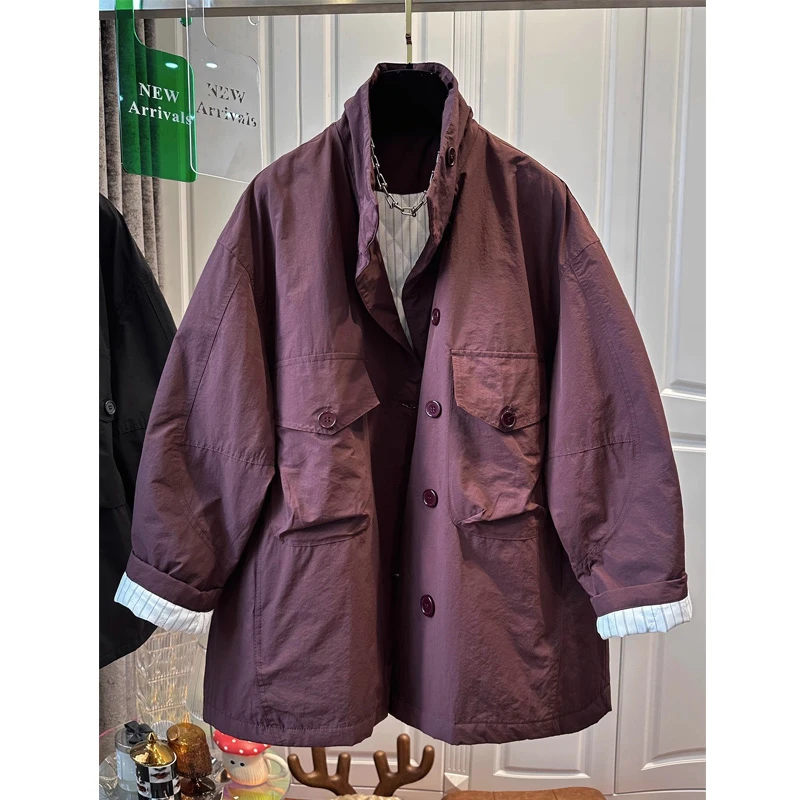 秋冬复古韩系设计感内衬条纹立领棉服外套女大版宽松小众上衣百搭