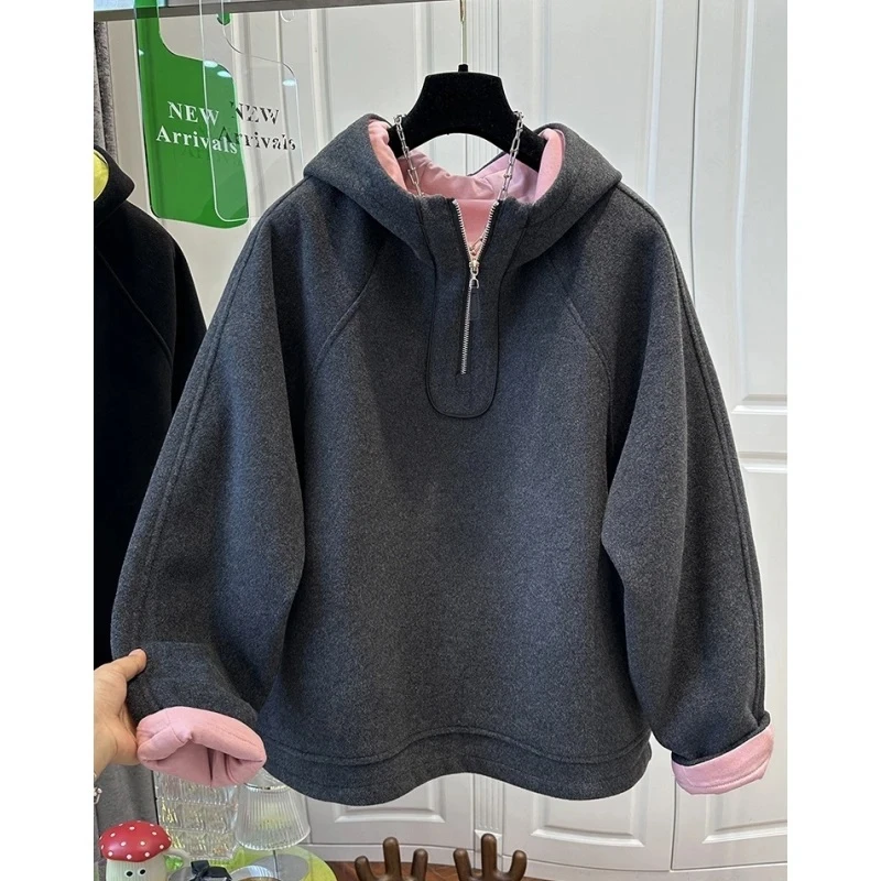 韩系秋冬新款保暖撞色连帽半拉链毛呢卫衣女大版宽松小众上衣潮流