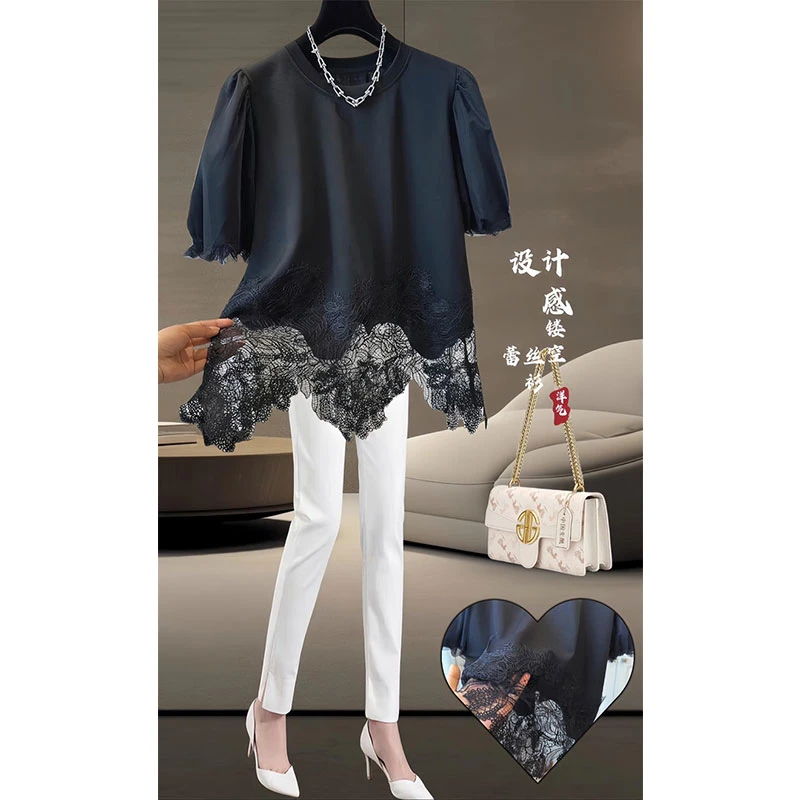 夏薄款设计感镂空拼接短袖蕾丝衫上衣女高级感胖妹妹大码小衫百搭