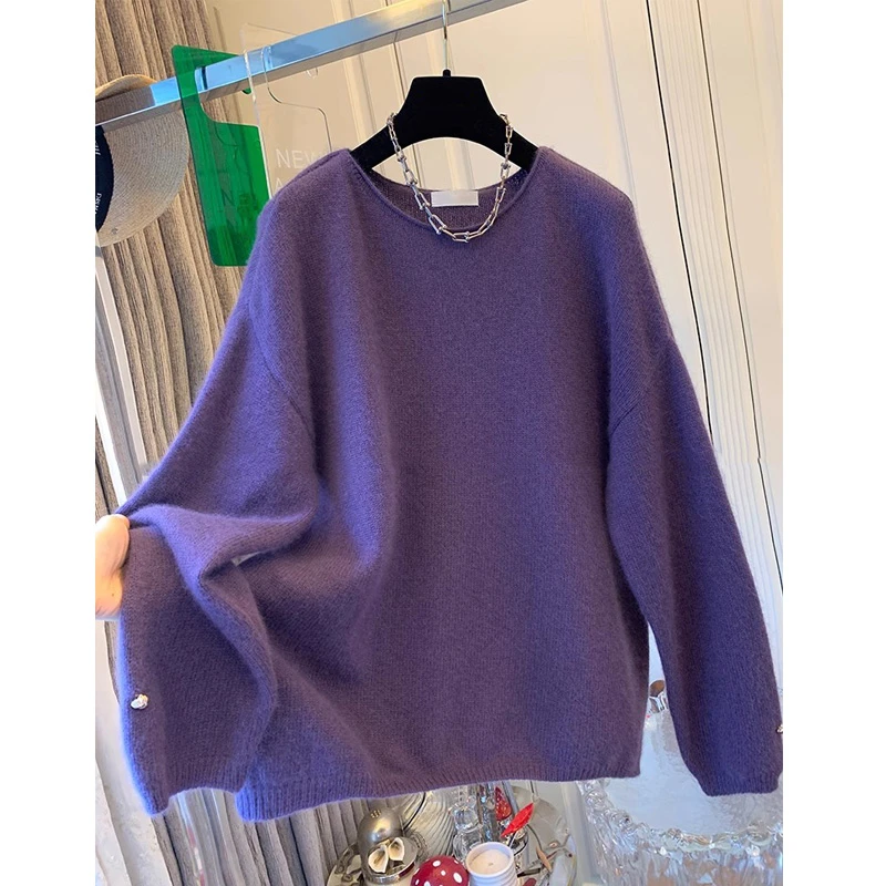 韩系秋冬新款纯色圆领宽松毛衣女大版慵懒风百搭休闲时尚上衣潮流