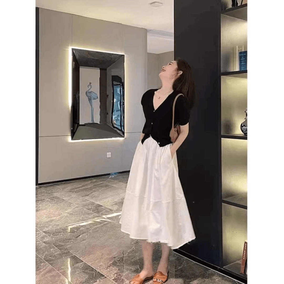 白色半身裙女夏季2024新款高腰显瘦a字裙中长款小个子大摆伞裙子