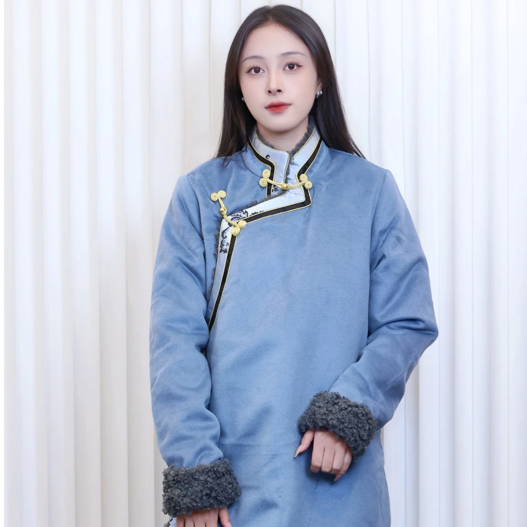邦吉梅朵【青色烟雨】新款藏装女士藏式冬款加绒长外套高级显瘦外套