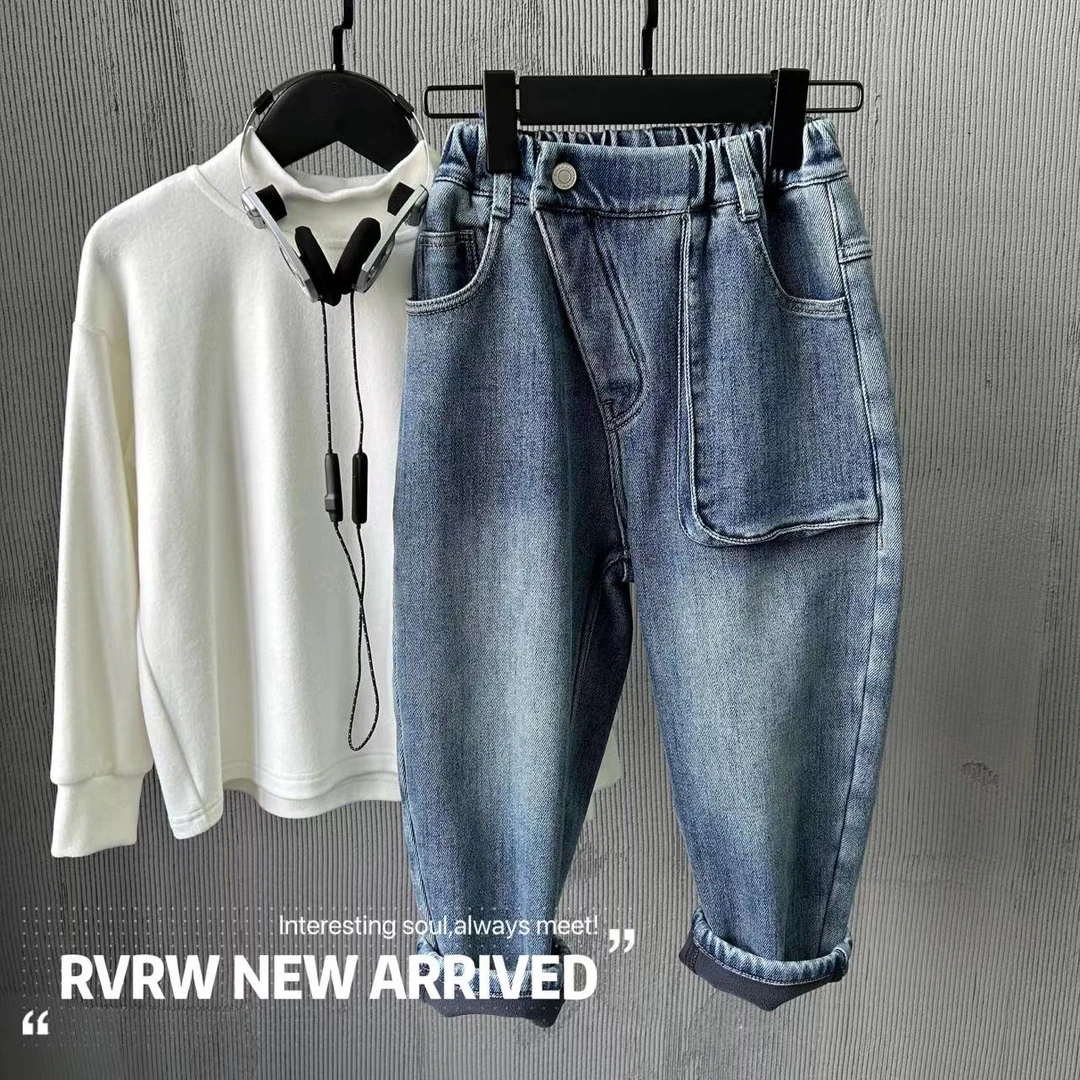 若大王潮酷斜襟百搭加绒儿童冬季童装牛仔裤 DK-TX082