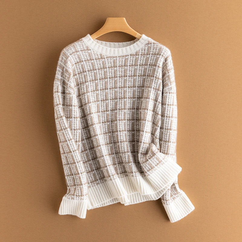 女士圆领小香风羊绒衫针织加厚秋冬时尚长袖撞色套头毛衣休闲提花