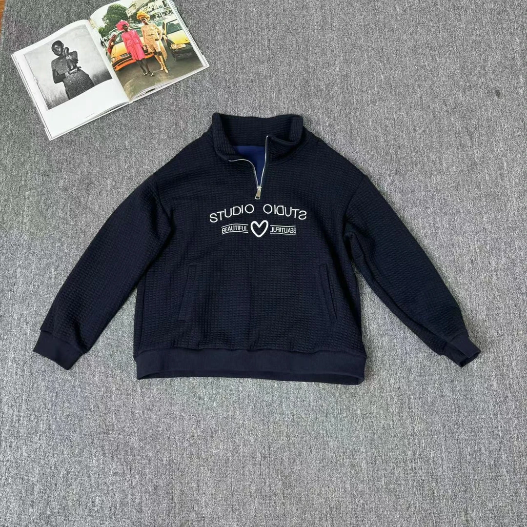 13110余小鱼 藏青色华夫格立领拉链韩系休闲加绒长袖卫衣百搭女装