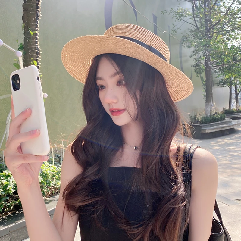 帽优橙法式复古草帽女夏季2023新款海边沙滩防晒帽平顶遮阳礼帽潮