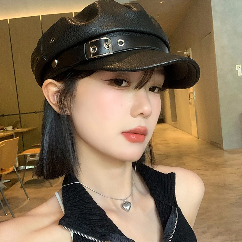 韩系复古PU皮质贝雷帽女夏季小众气质文艺百搭英伦显脸小街头帽子