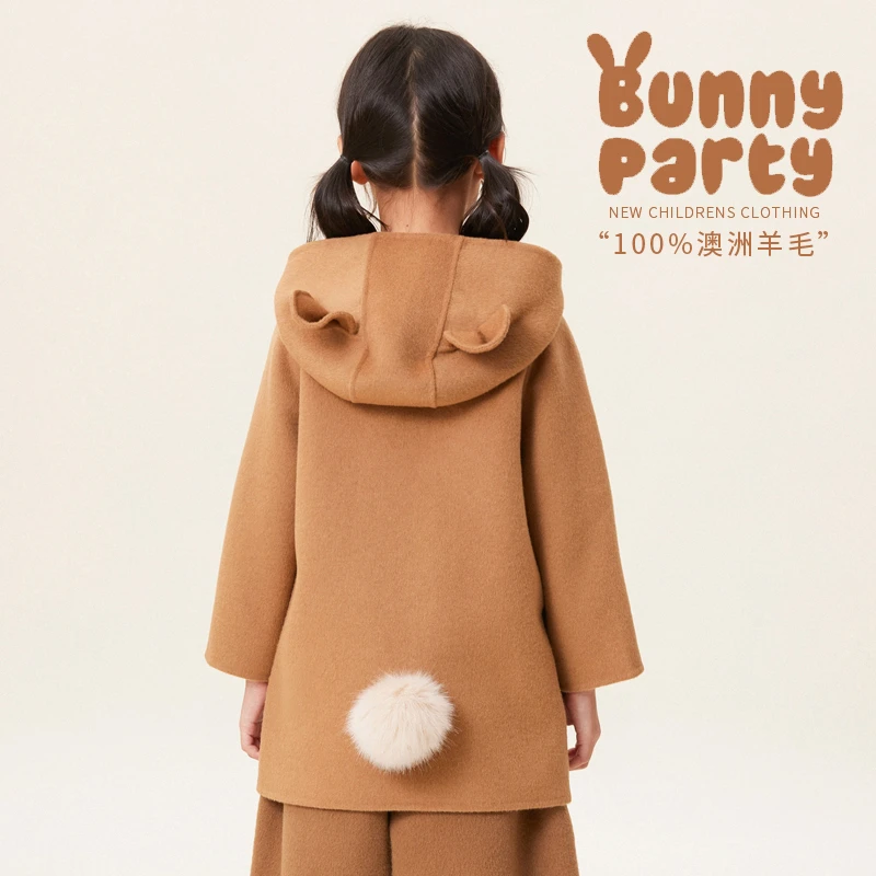 儿童呢子大衣女童羊毛毛呢外套宝宝连帽呢大衣中长款双面呢秋冬