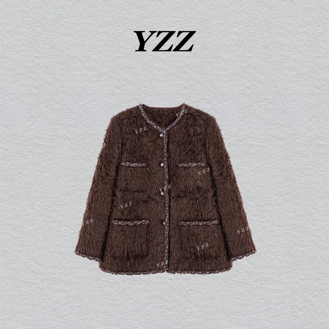 YZZ “香啡”时尚双排扣V领长袖小香羊毛西服外套 810538