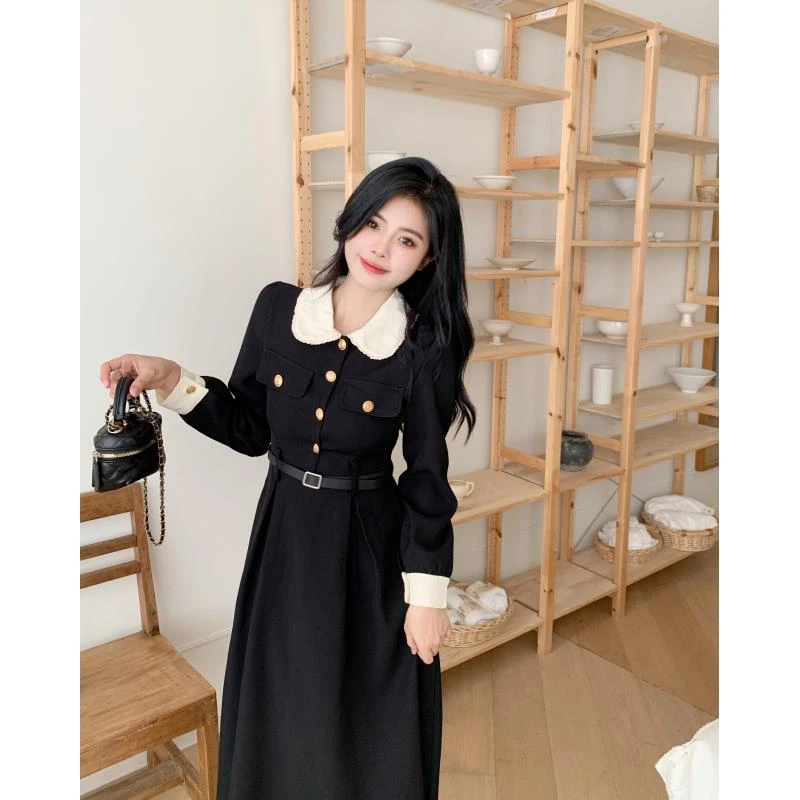 （文文专属）大码胖mm新款赫本风法式黑色显瘦连衣裙女（送腰带）1569