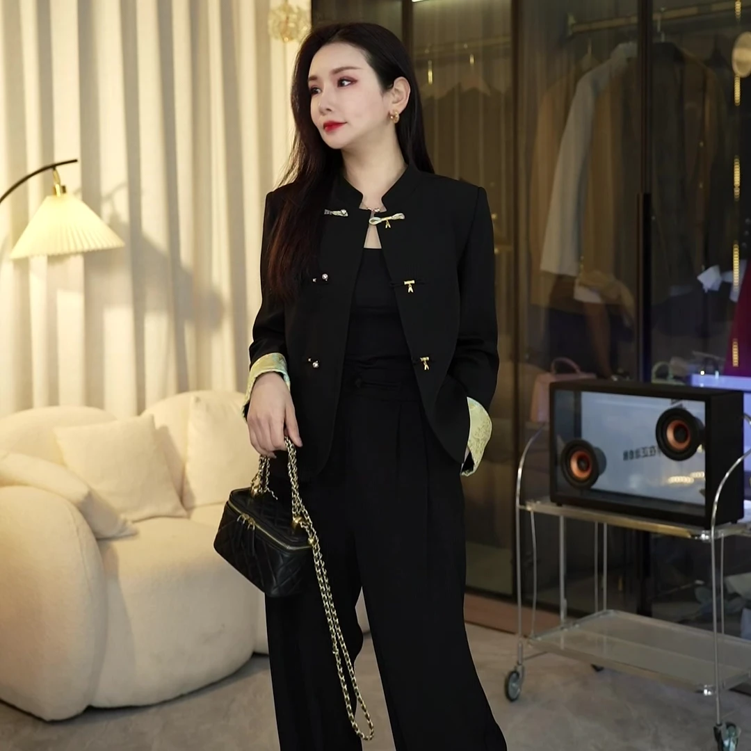 DYT HOME秋季时尚轻奢气质设计感中山领西装外套黑色新中式外套