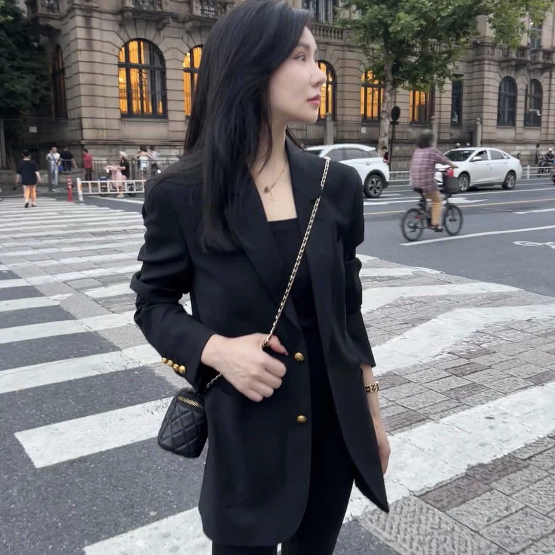 DYT HOME春秋羊毛金属扣黑色气质西装外套女宽松休闲经典时尚外套