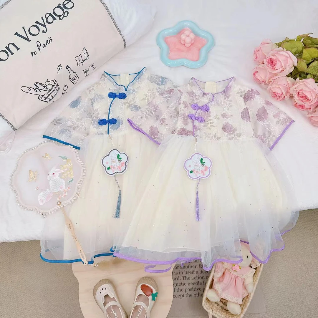 2024夏季新中式碎花网纱儿童旗袍连衣裙 D-VC976