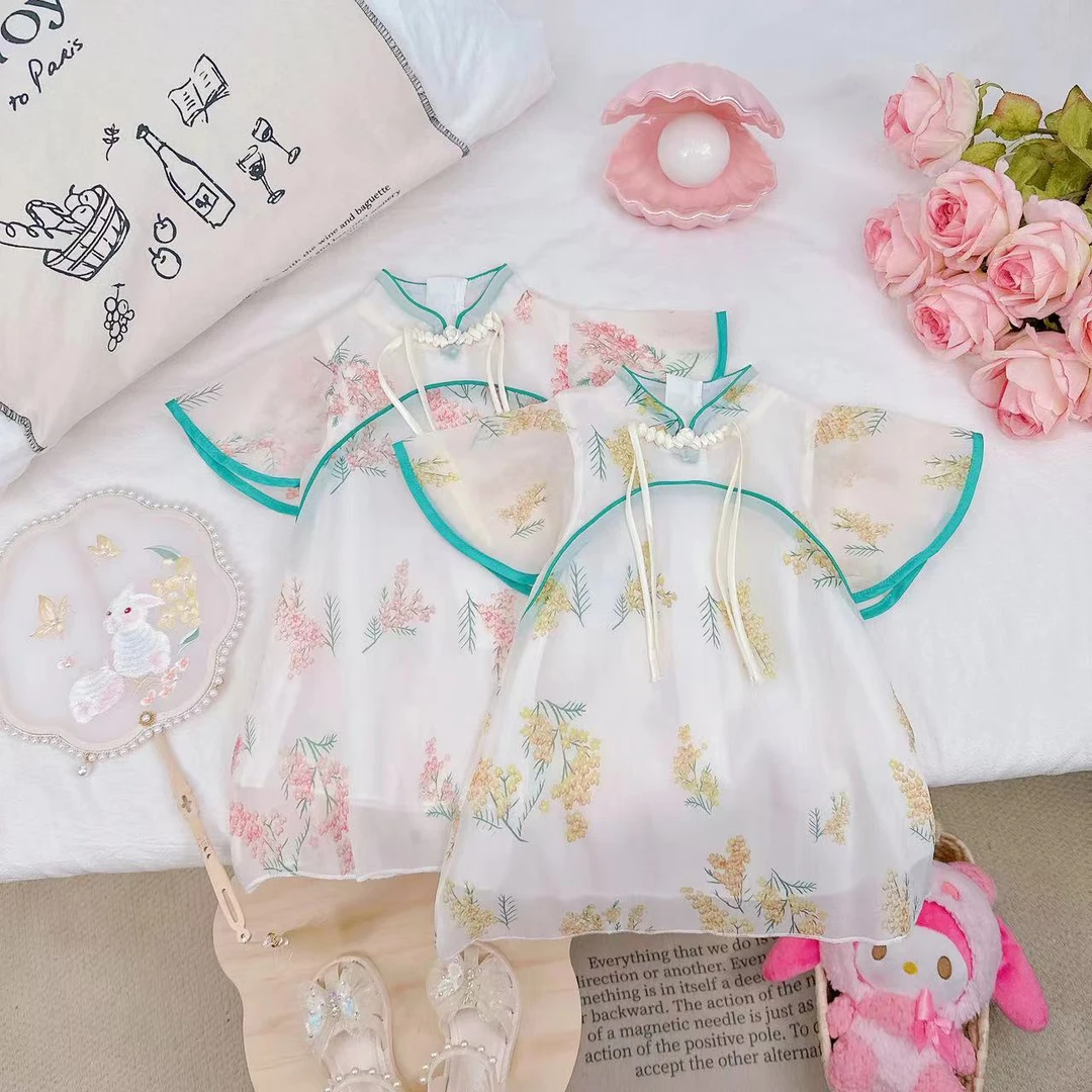 2024新款夏装花簇盘扣飞袖新中式汉服旗袍裙子 D-T30