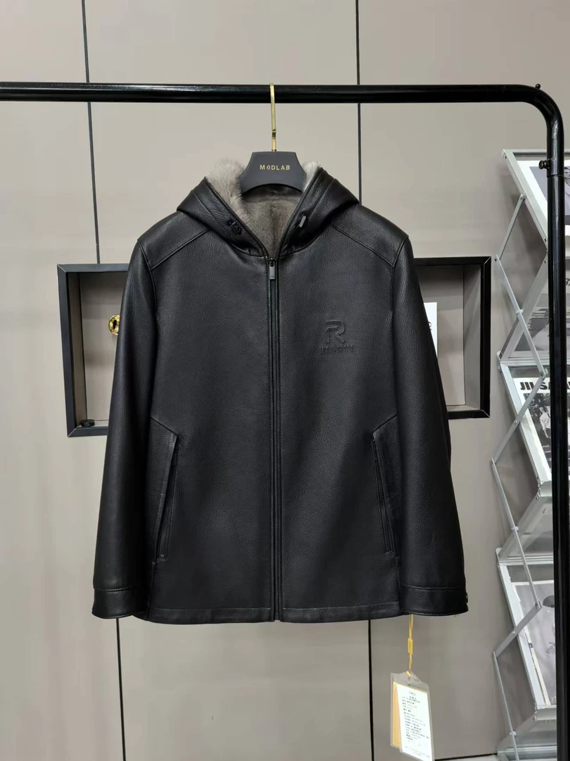 男士山羊皮银兰本色水貂内胆皮貂一体连帽秋冬休闲时尚