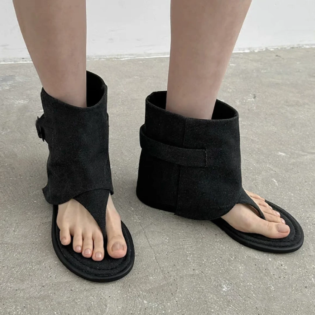 网红韩国皮带扣套筒夹脚2024春夏新款休闲时尚平底短筒裤管凉靴女