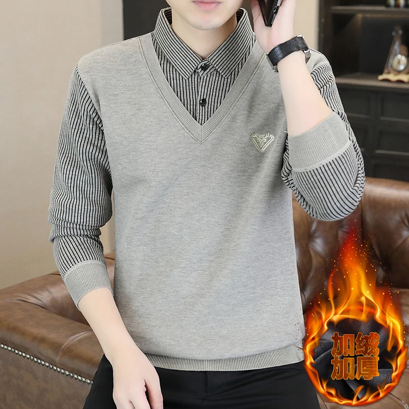 假两件毛衣男士秋冬加绒加厚内搭保暖打底衫潮流男装衬衫领针织衫
