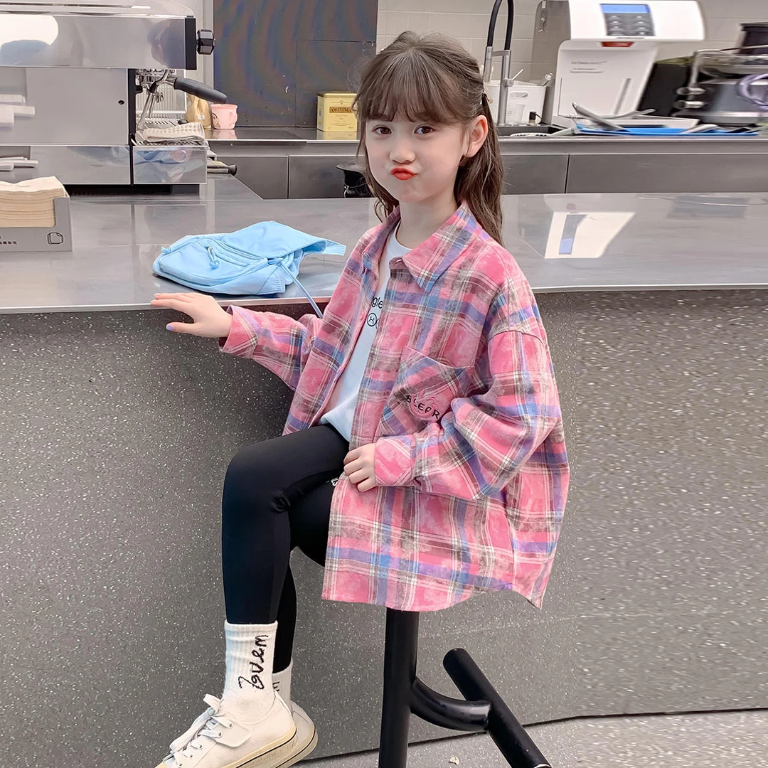 女童格子衬衫2024新款洋气秋装儿童秋季薄款长袖衬衣女孩春秋外套