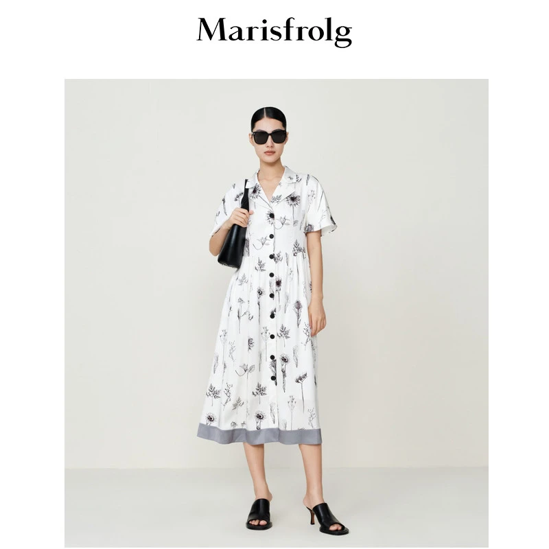 玛丝菲尔长裙印花气质时尚收腰通勤连衣裙A1CX20276