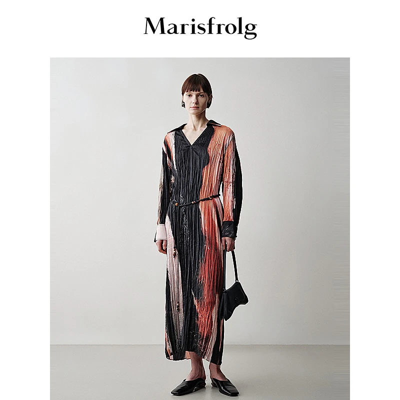 Marisfrolg玛丝菲尔流动花火抽象印花手工压褶裙ACEG30506