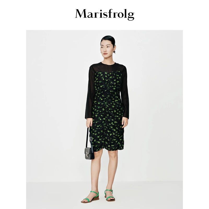 Marisfrolg/玛丝菲尔长袖设计师圆领优雅碎花连衣裙A1BW29916