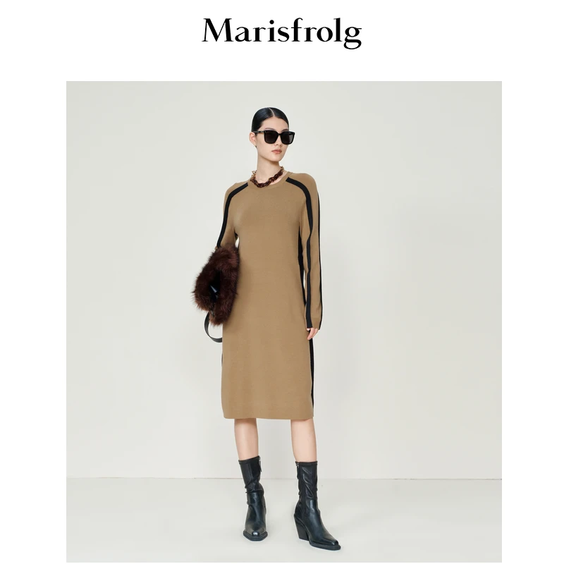 Marisfrolg/玛丝菲尔深棕秋冬气质休闲条纹针织连衣裙A1BW4865M
