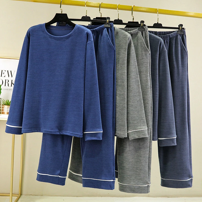 男士加绒家居服保暖睡衣秋冬长袖大码加绒加厚大码磨毛德绒两件套