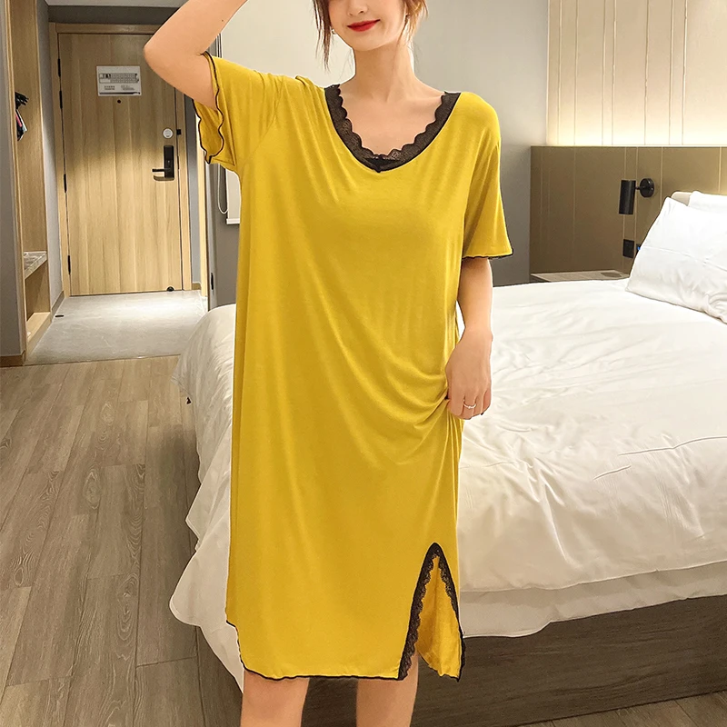 莫代尔蕾丝边睡衣女夏薄款洋气短袖裙子侧开叉连衣裙休闲家居睡裙