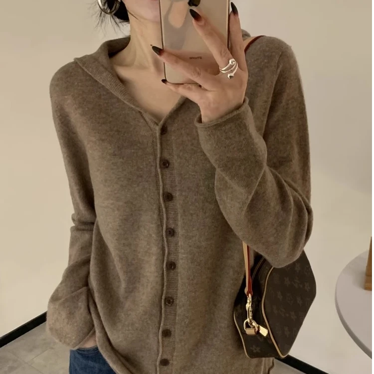 一线成衣100%纯羊毛连帽开衫女秋冬针织毛衣宽松慵懒外套帽衫