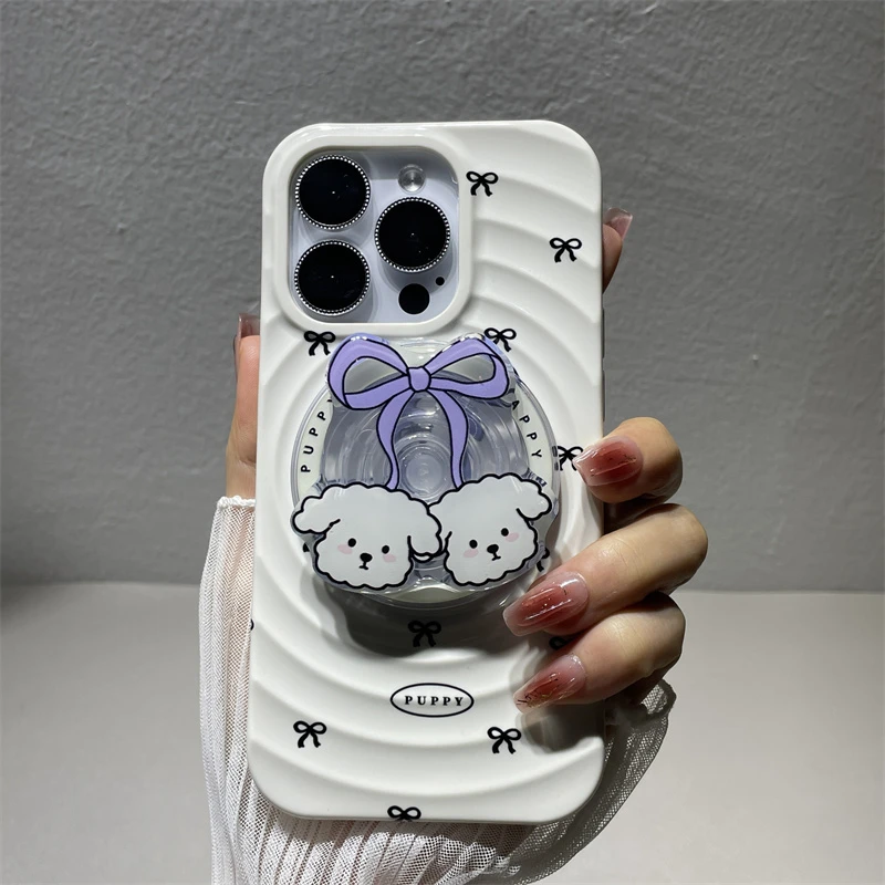 领结小狗苹果14promax手机壳磁吸支架iPhone15小众13原创设计师女