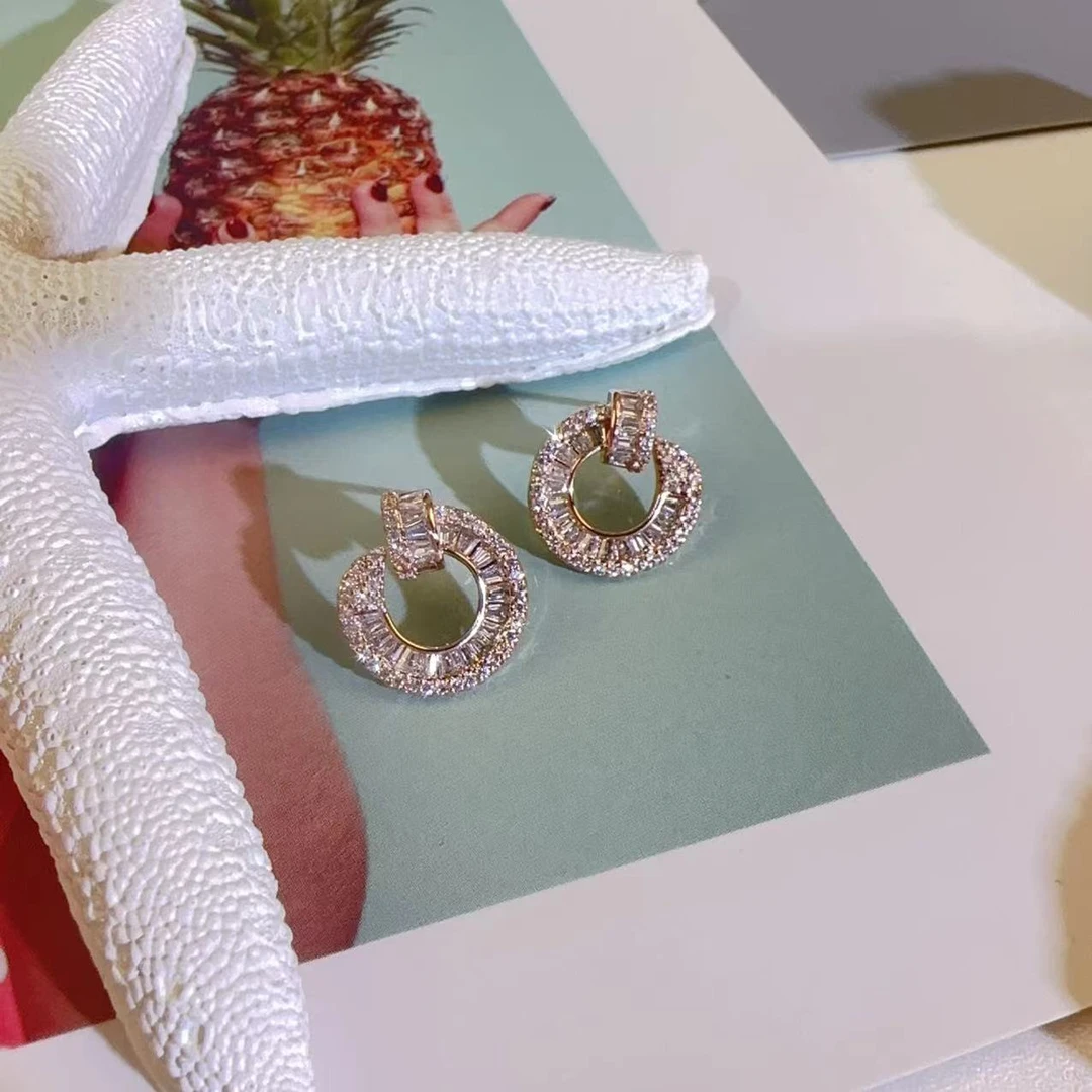 铜合金耳饰 A222 超闪满钻耳钉轻奢高级感气质耳环新款潮精致镶嵌