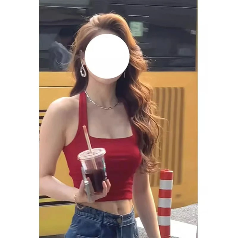 美式红色挂脖吊带背心女夏季设计感辣妹短款露背抹胸外穿美背上衣