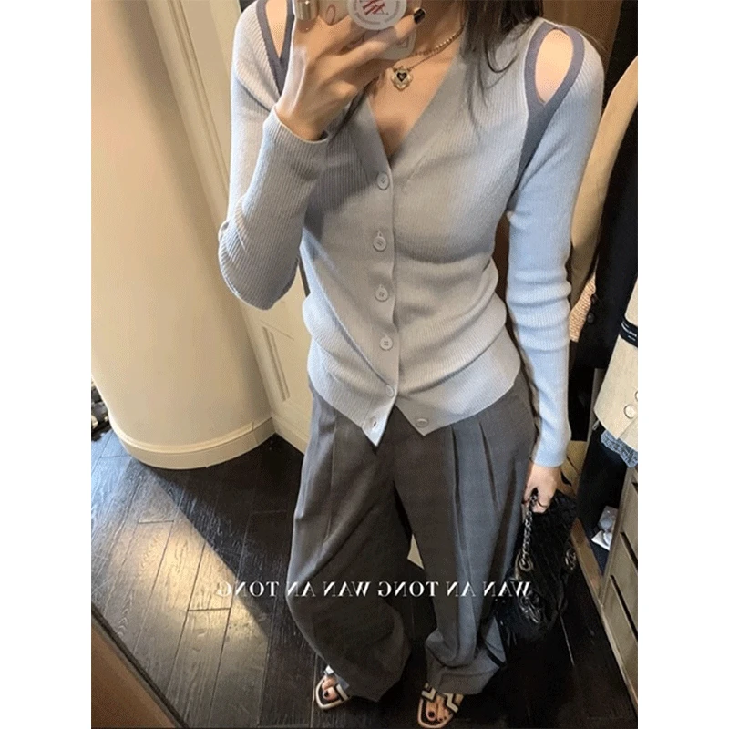 蓝色v领镂空露肩针织开衫女早秋季内搭打底衫毛衣针织衫修身上衣
