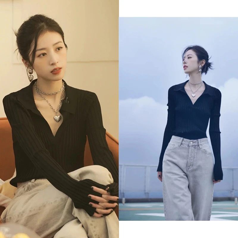 周雨彤同款黑色针织衫2023新款女装法式气质V领长袖修身上衣早秋