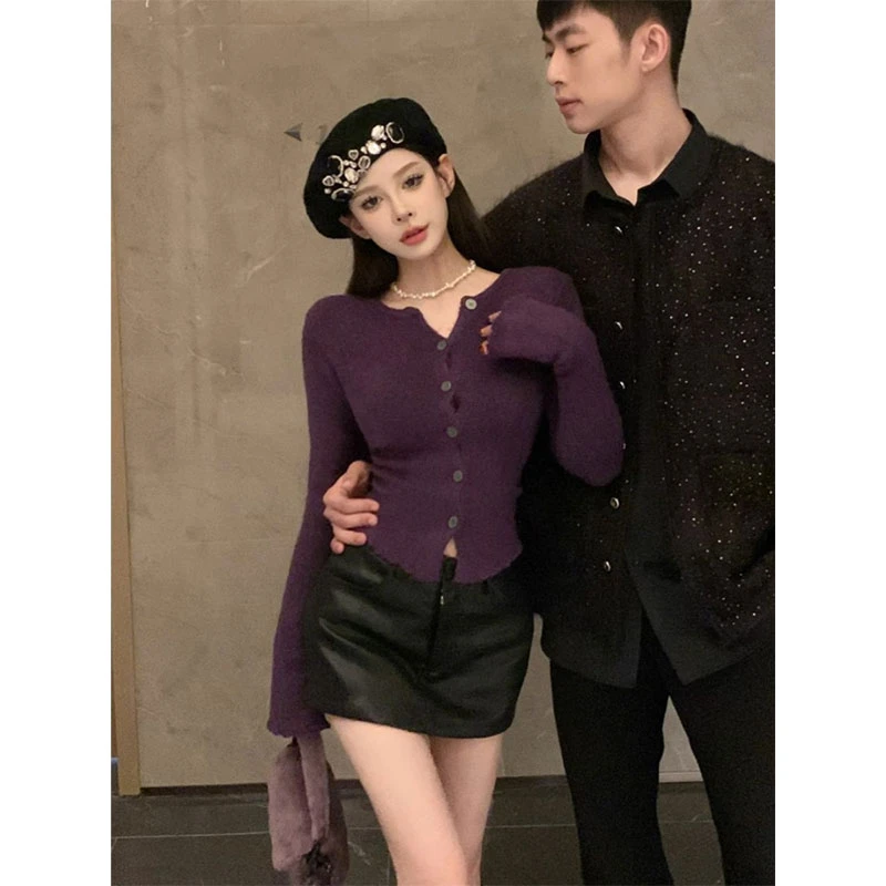 高贵葡萄紫收腰显瘦针织毛衣开衫女秋冬纯欲短款修身内搭打底上衣